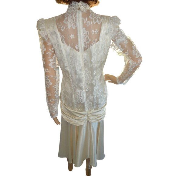 Vintage 80s Ivory Lace Satin 20s Flapper Revival Drop Waist Wedding Dress Size 8 - Picture 5 of 9